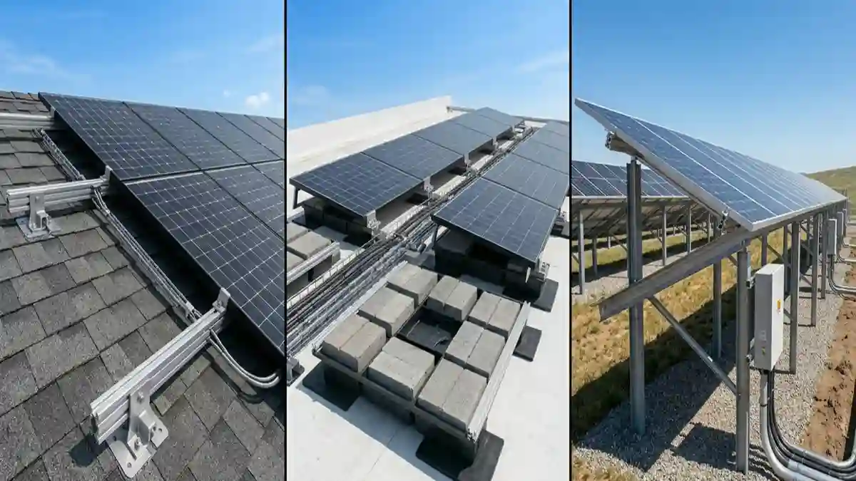 Solar PV panel mounting systems comparison showing rooftop, flat roof ballasted, and ground-mounted solar installations