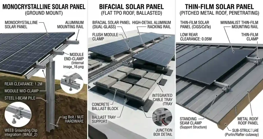 Solar PV panel mounting systems supporting monocrystalline, bifacial, and thin-film solar panels