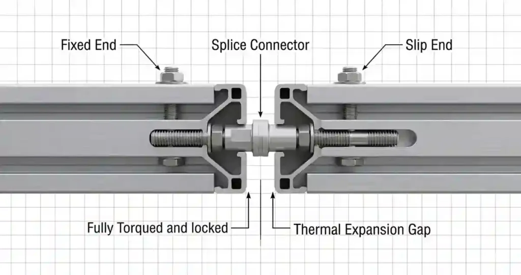 Solar Panel Rail Mounting Kit rail splice connection showing fixed end, slip end, splice connector, and thermal expansion gap