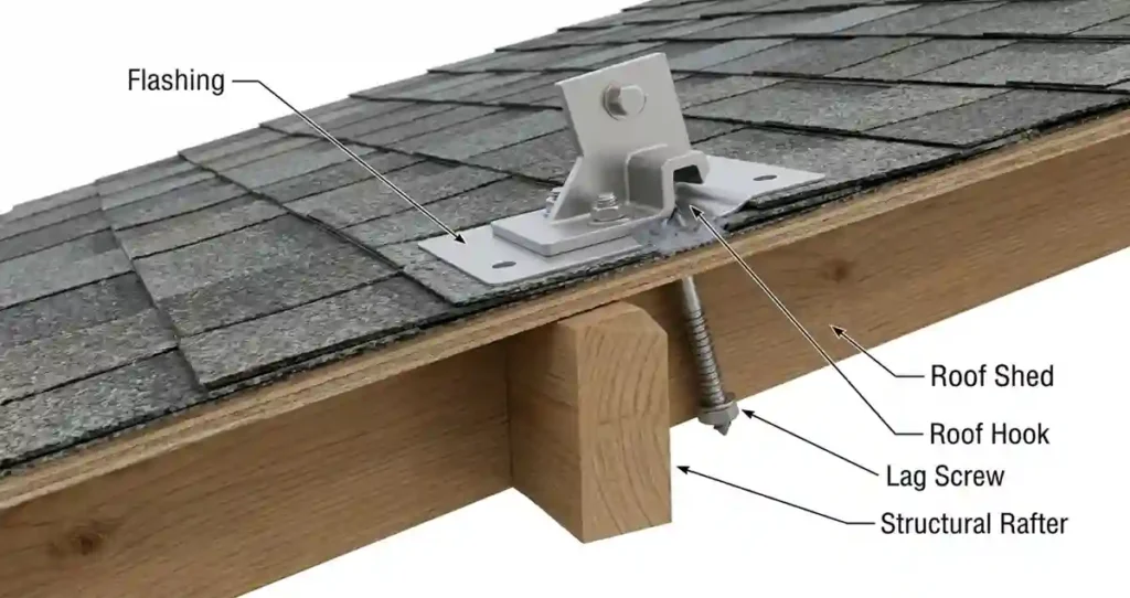 Solar Panel Rail Mounting Kit roof bracket installation showing flashing, lag screw, roof hook, and structural rafter