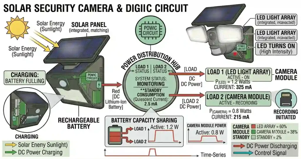 Battery power sharing between LED light and camera in solar security camera light