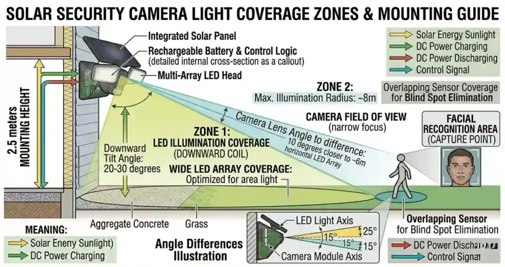 Field of view comparison between LED illumination and camera coverage in solar security camera lights