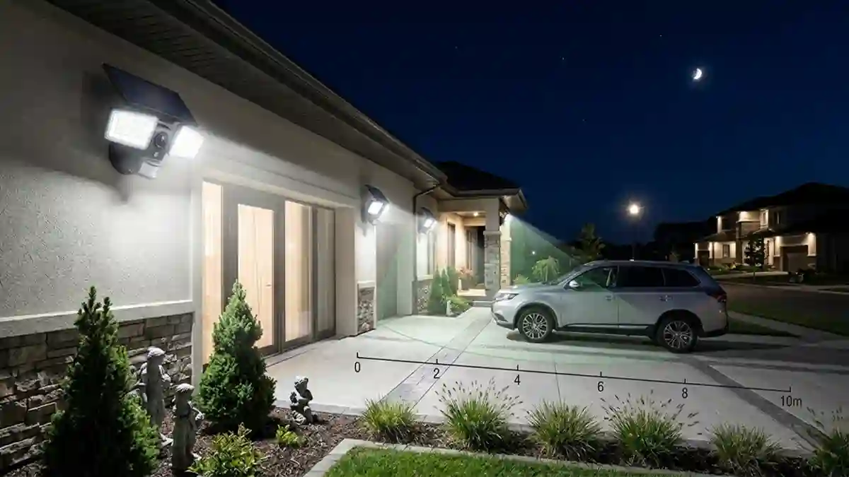 Solar security camera light with integrated LED light, solar panel, and outdoor camera system