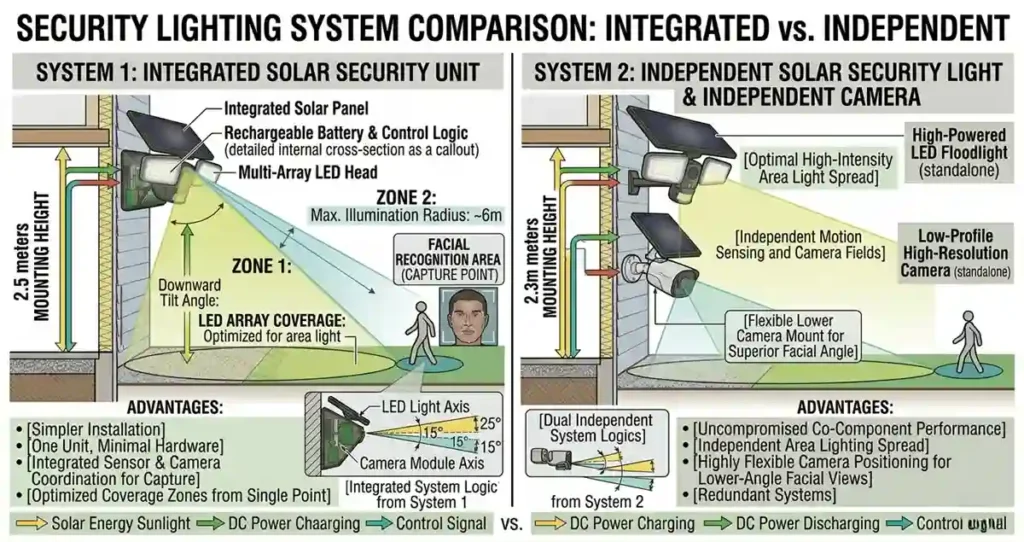 Comparison between combined solar security camera light and separate solar light and camera systems