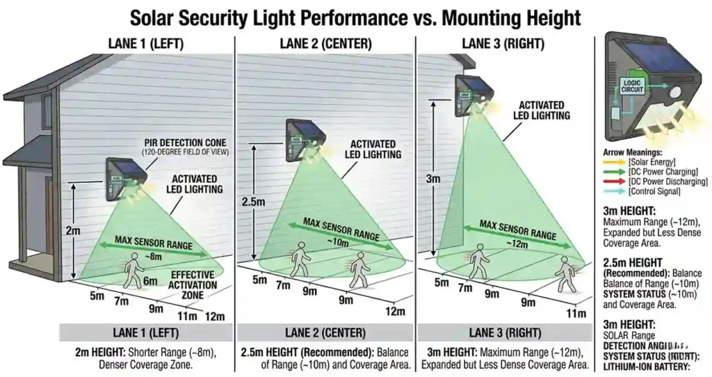 Recommended mounting heights and coverage areas for solar security lights