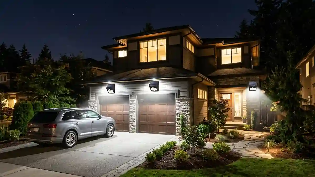 Solar security lights illuminating a residential driveway at night