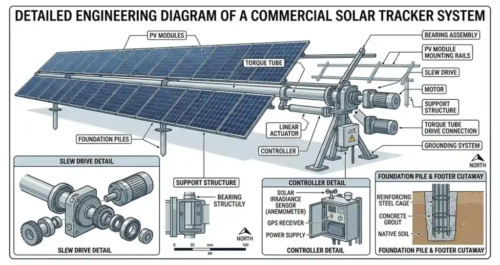 Labeled diagram showing major components of a solar tracker system.