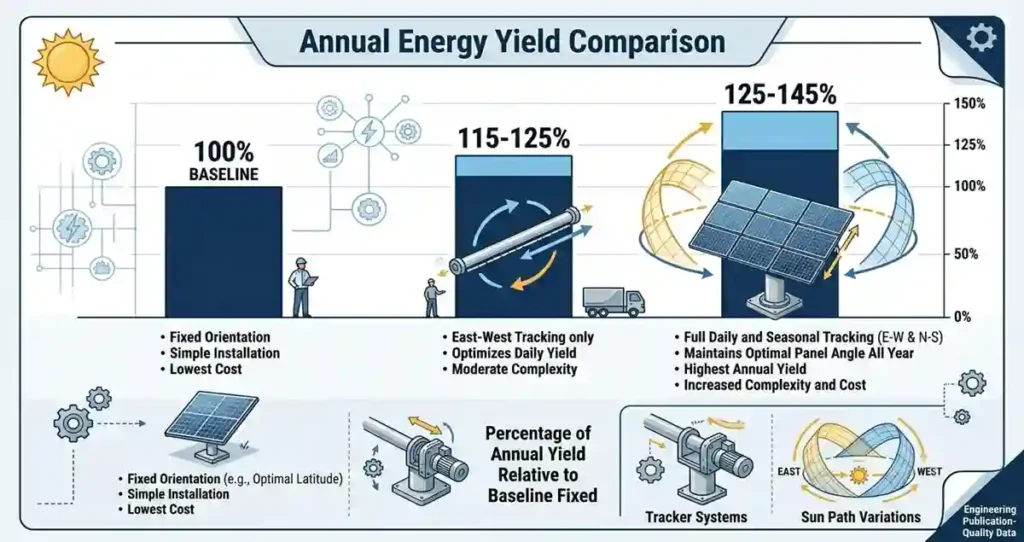 Comparison chart showing energy production gains from fixed, single-axis, and dual-axis solar tracker systems.