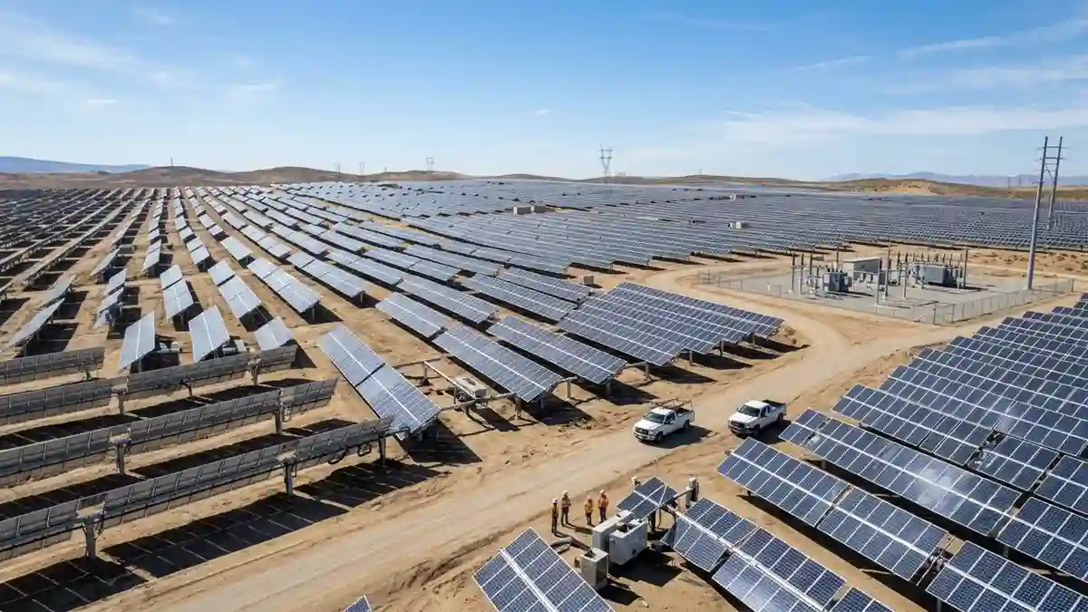 Utility-scale solar tracker system rotating photovoltaic panels to follow the sun throughout the day.