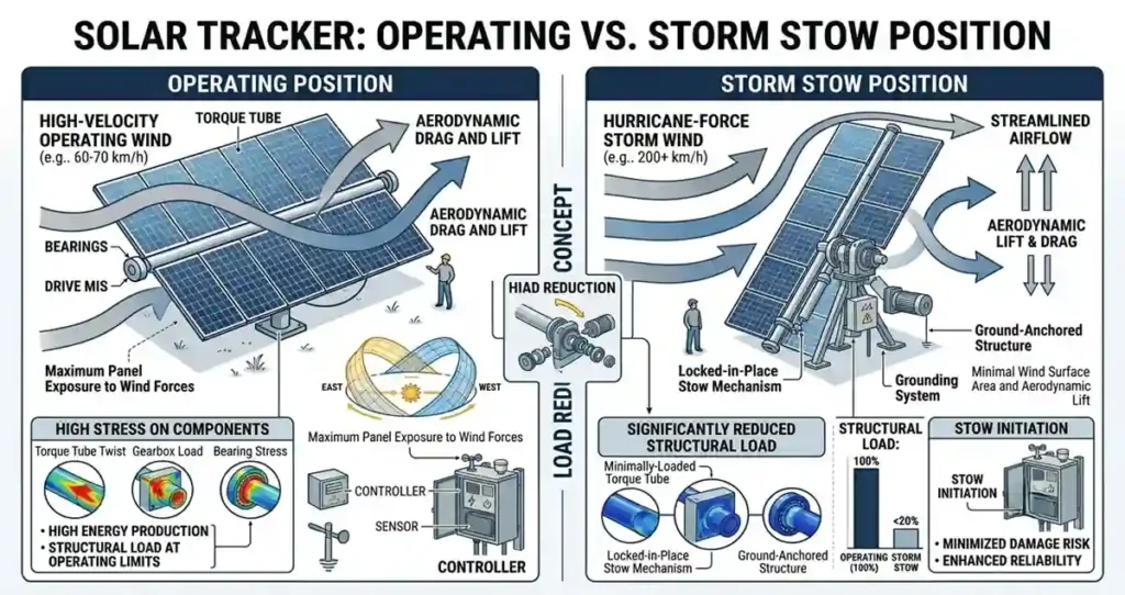 Solar tracker system moving into stow position during high wind conditions to reduce structural loading.