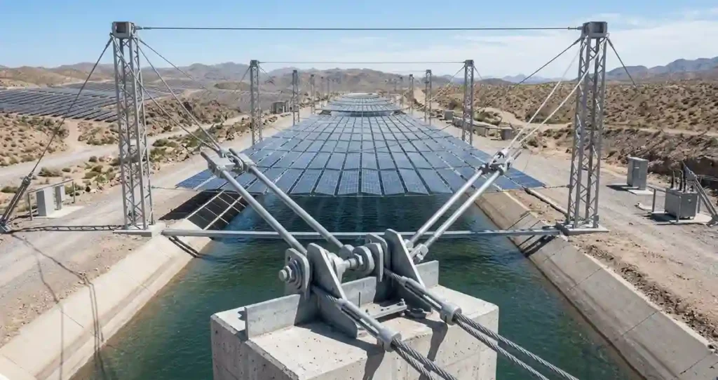 Tensile solar mounting systems for canal-top solar application over water channels