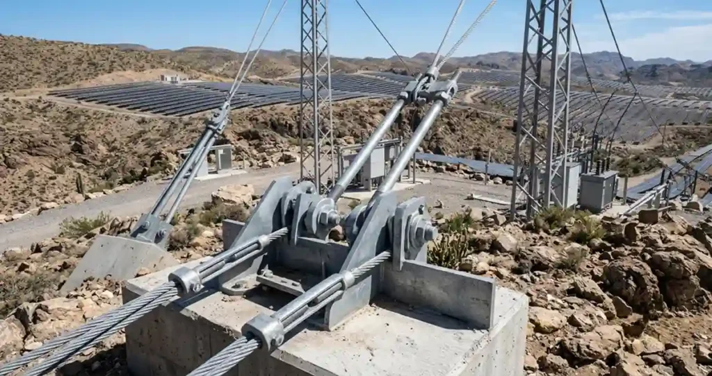 Tensile solar mounting systems structure showing cables anchors and photovoltaic support design