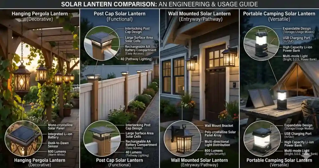 Comparison of hanging solar lanterns, post cap lanterns, wall mounted lanterns and portable solar lanterns