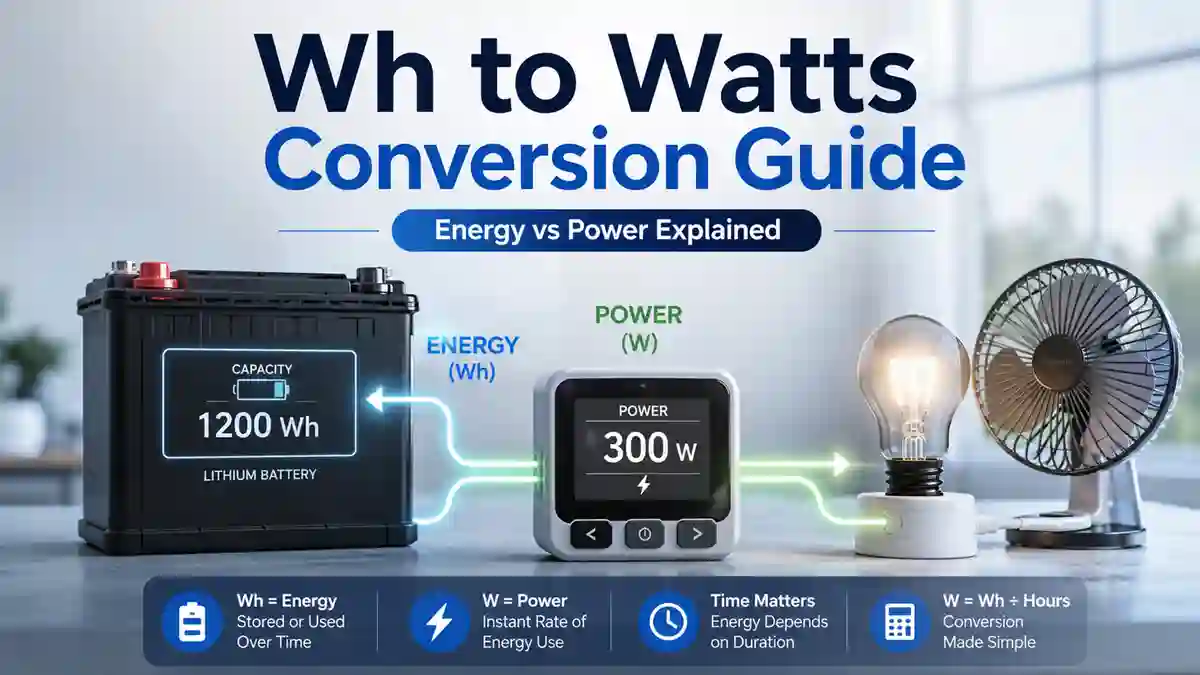 Watt-hours to watts conversion guide showing energy storage, power measurement, and electrical load relationship