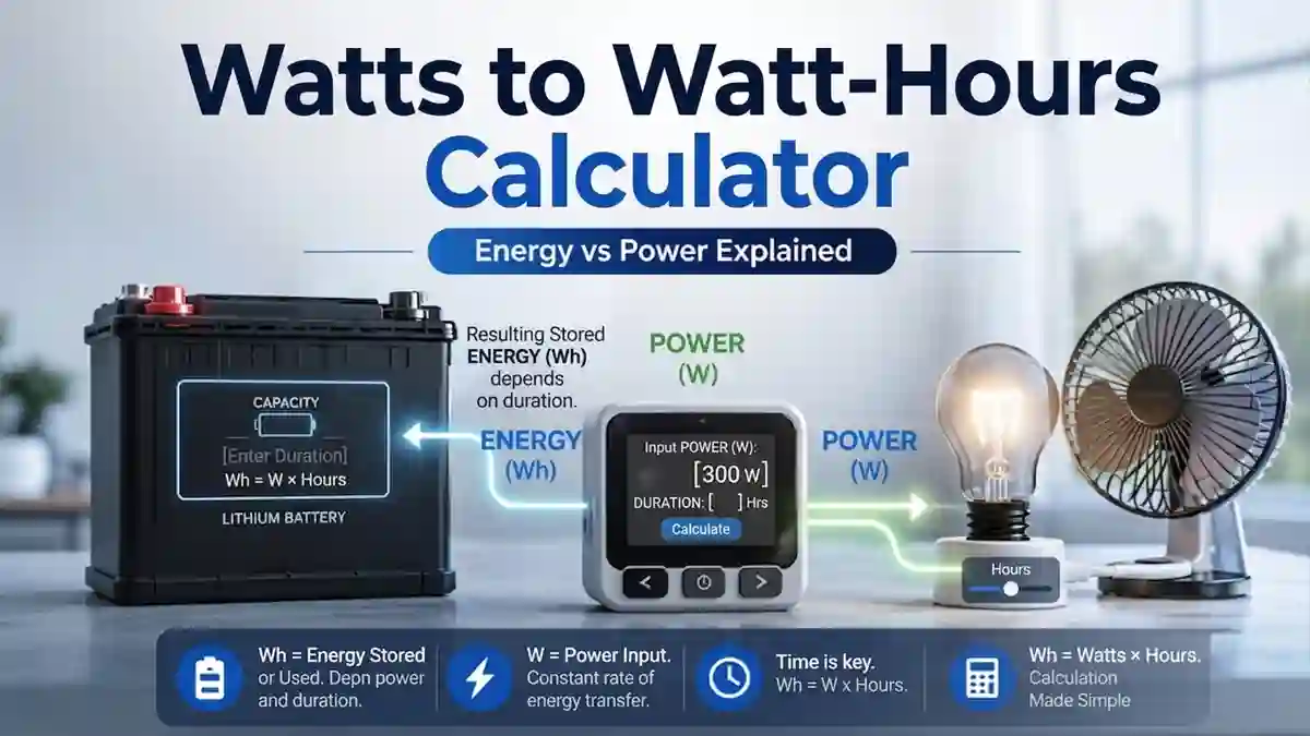 Watts to Watt-Hours Calculator showing energy vs power relationship with lithium battery, power meter, light bulb and fan