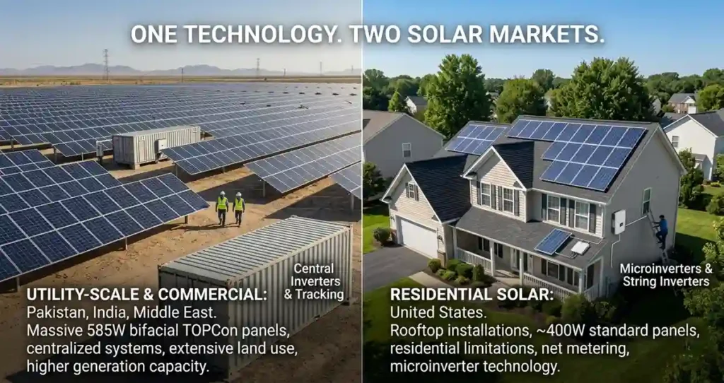 Comparison between commercial 585W solar panel installations in global markets and residential rooftop solar systems in the United States.