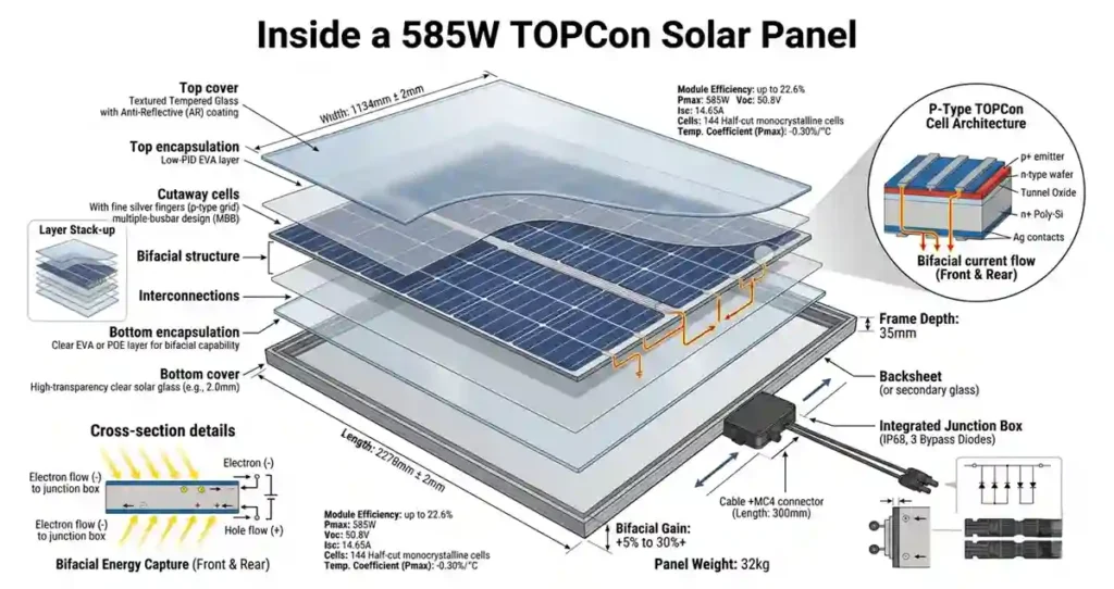 Technical cutaway view of a 585W solar panel showing 144 half-cut cells, bifacial design, and high-efficiency solar technology.