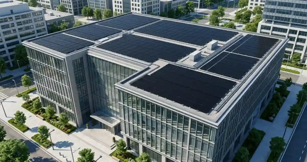 Commercial rooftop installation using high-efficiency ABC solar panels.