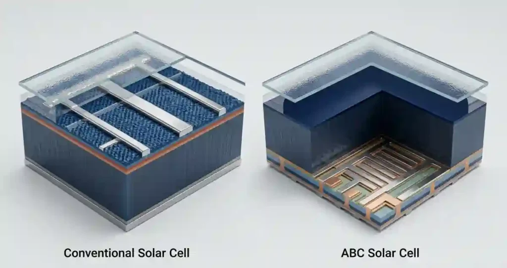 Comparison of conventional solar cells and ABC solar cells with all electrical contacts on the rear side.