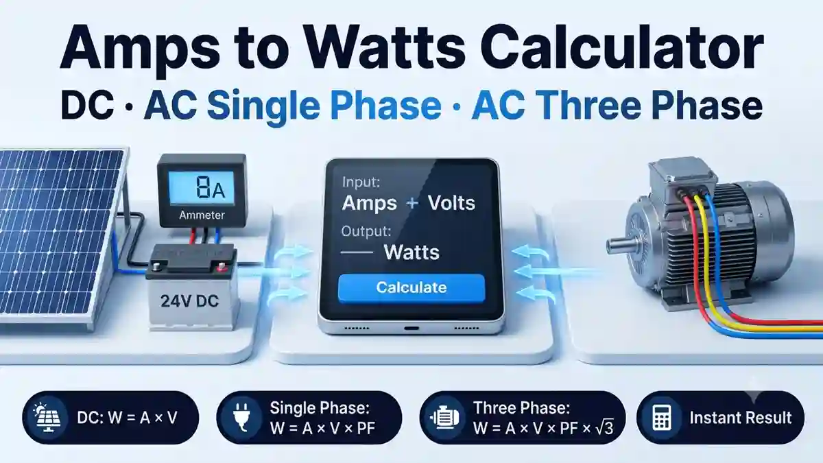 Amps to Watts Calculator showing DC solar panel with 24V battery and 8A ammeter, digital converter display, and three phase AC motor with red yellow blue cables