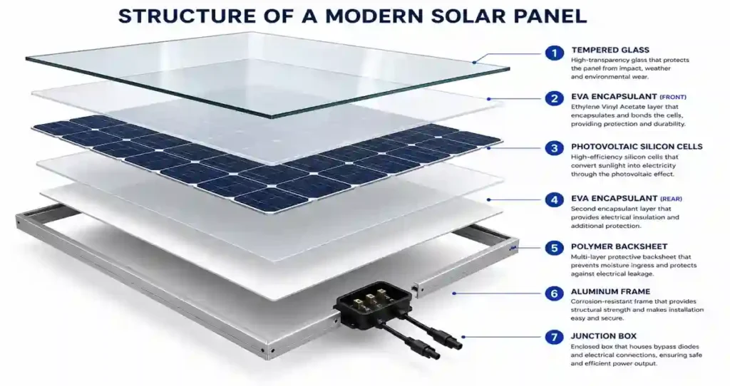 Exploded view showing the internal layers of a solar panel including glass, EVA, solar cells, backsheet, frame and junction box.