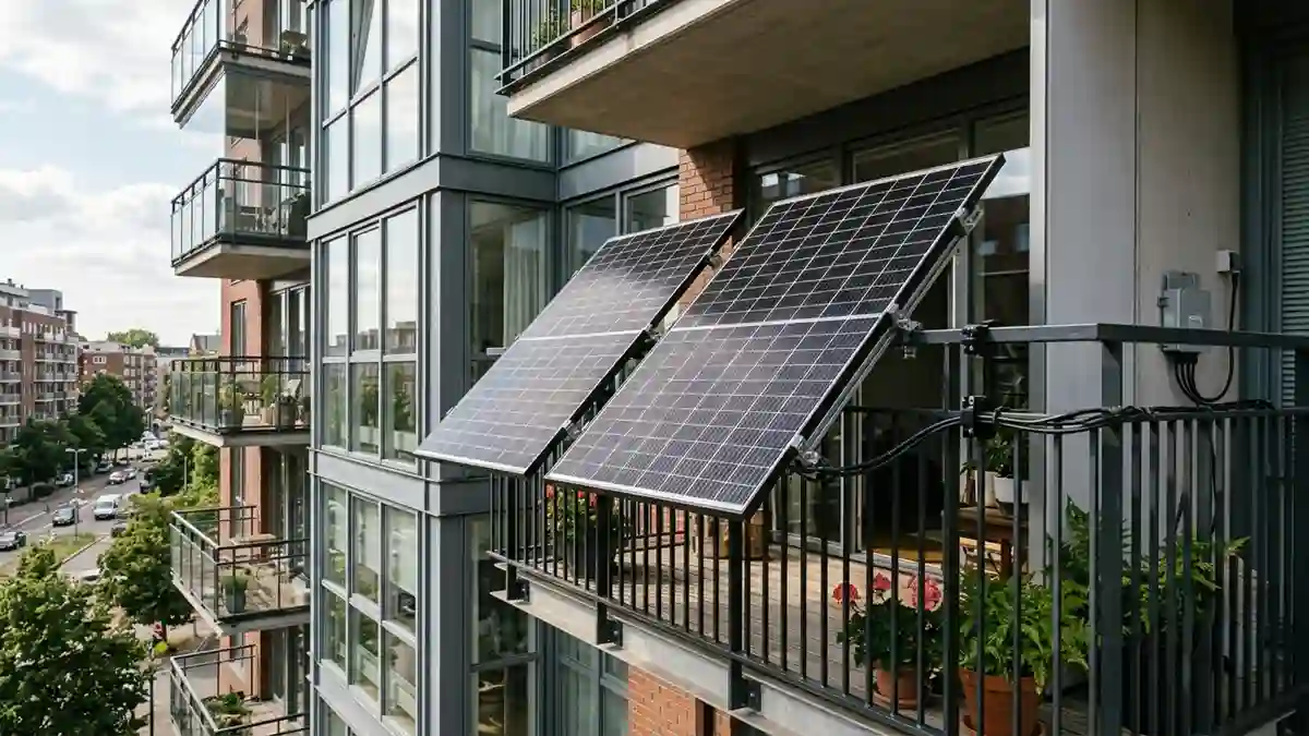 Balcony solar mounting system installed on an apartment balcony with solar panels