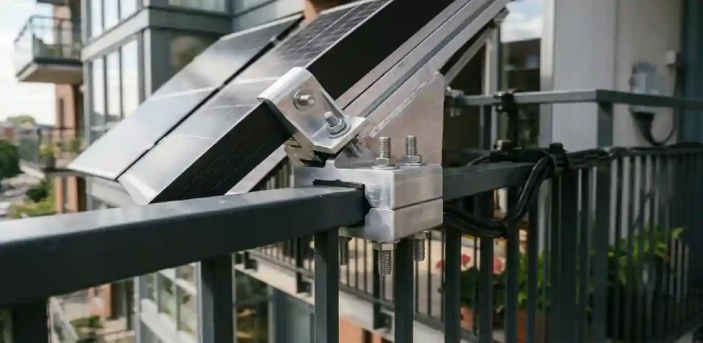 Balcony solar mounting system railing clamp holding photovoltaic panels securely