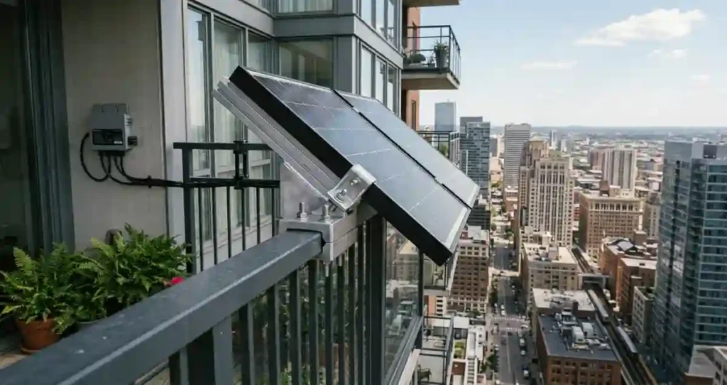 Balcony solar mounting system designed for wind load on elevated buildings