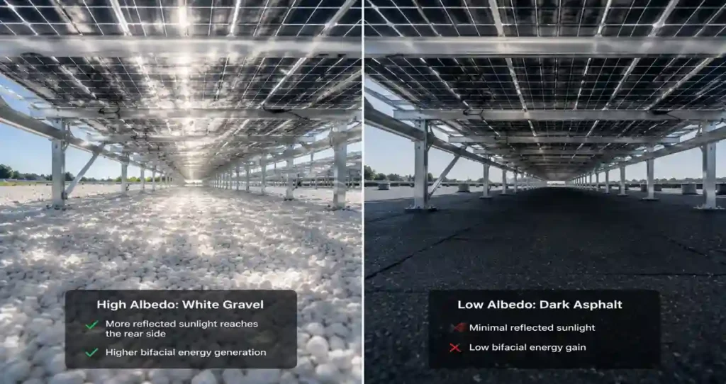 Comparison showing how high and low albedo surfaces affect bifacial solar panel performance.
