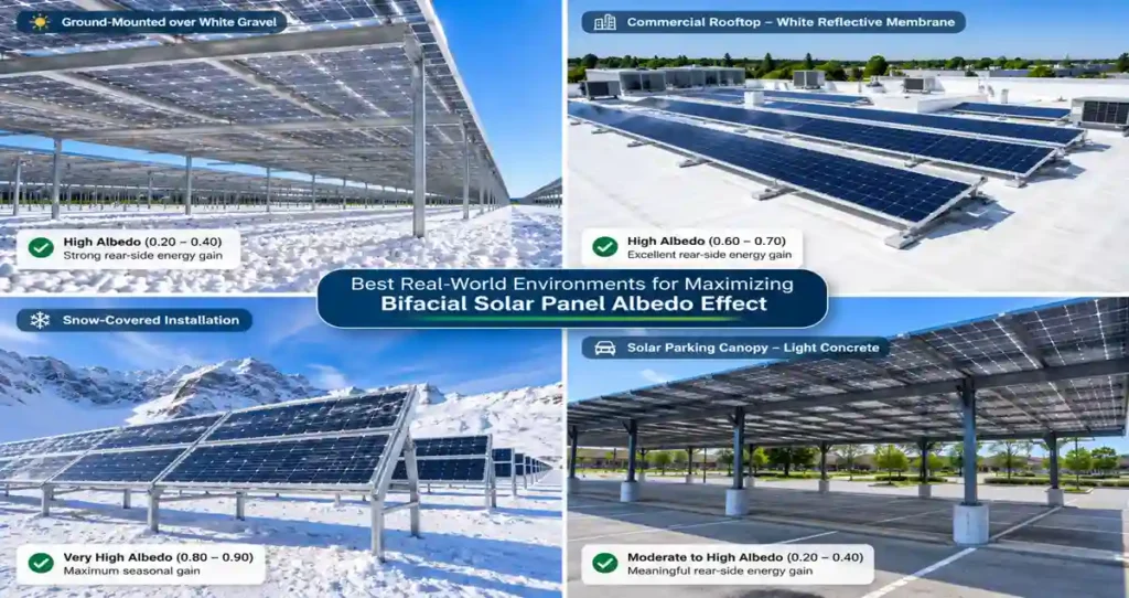 Best installation environments for maximizing the bifacial solar panel albedo effect.