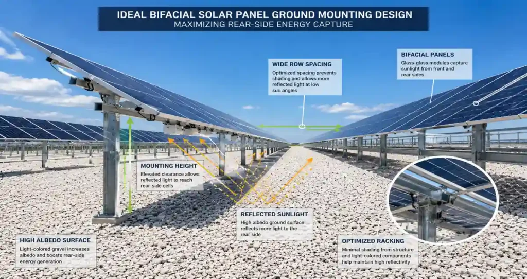 Engineering illustration of bifacial solar panels ground mounting showing proper mounting height, row spacing and reflective ground surface.