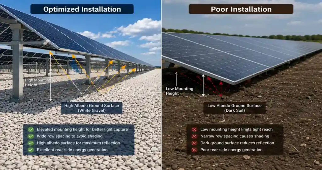 Comparison of optimized and poor bifacial solar panels ground mounting installations showing the impact of mounting height and reflective ground.