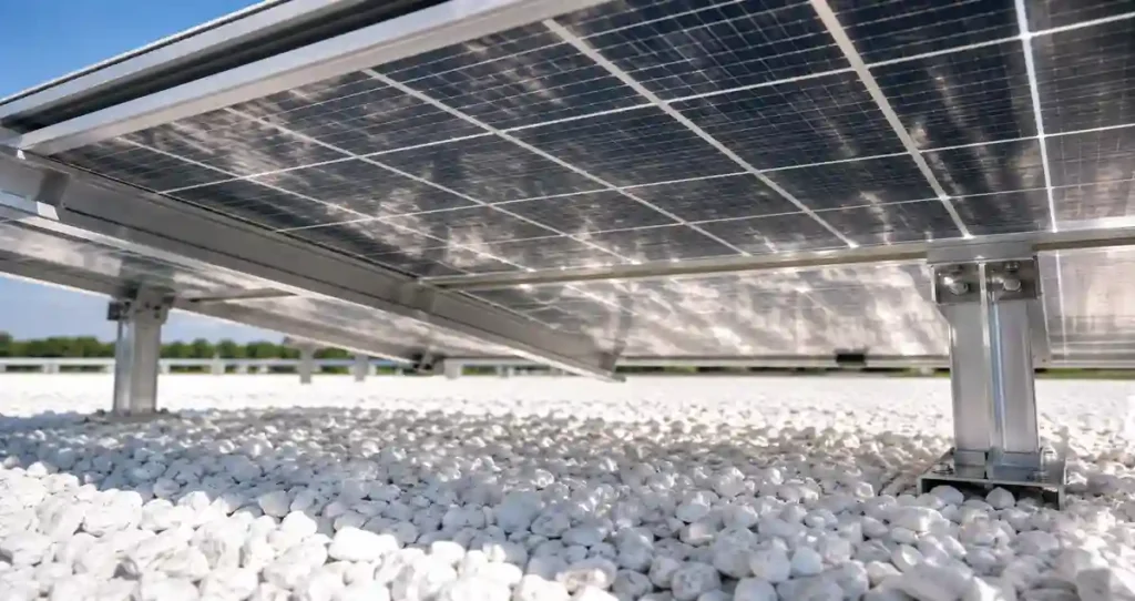 Bifacial solar panel generating electricity from reflected sunlight beneath the module.