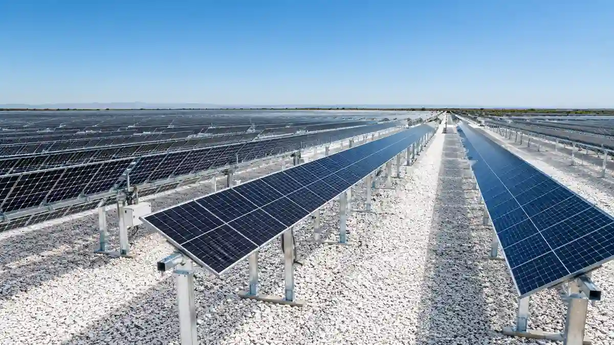 Bifacial solar panels ground mounting system installed above white gravel using elevated steel racking for maximum rear-side energy generation.