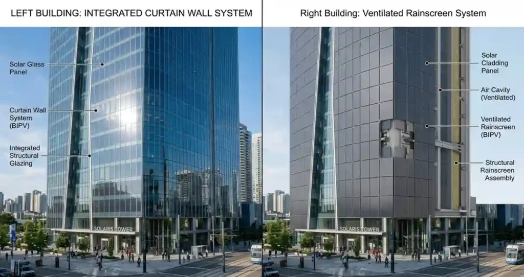 Comparison of BIPV curtain wall and rainscreen facade systems.