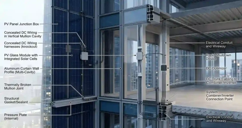 Electrical integration inside a BIPV wall facade solar mounting system.