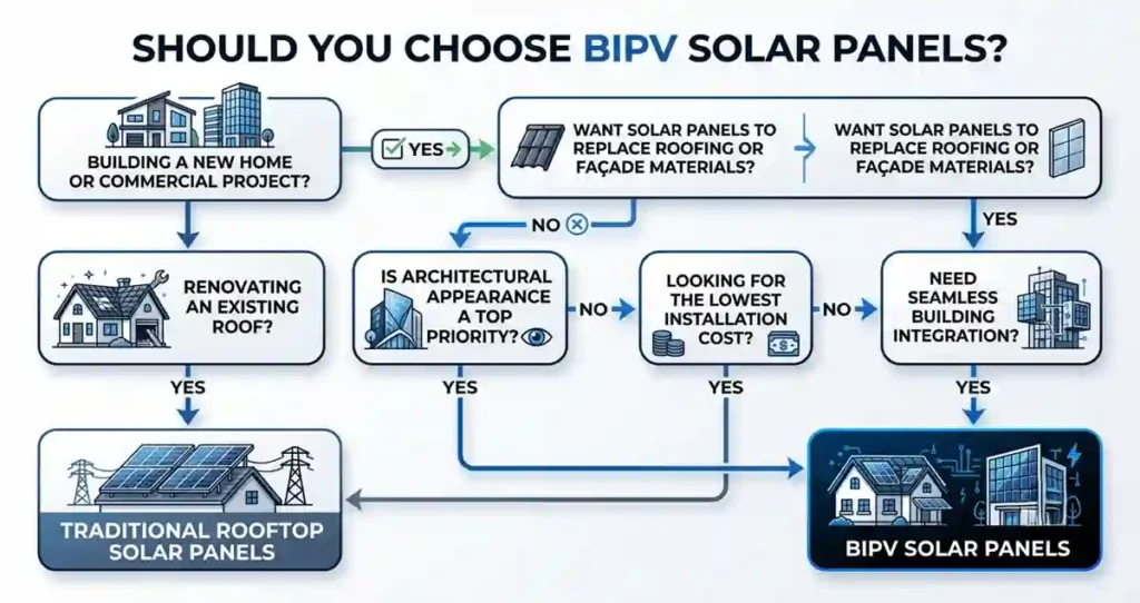 Engineering decision flowchart showing when BIPV solar panels are the right choice.