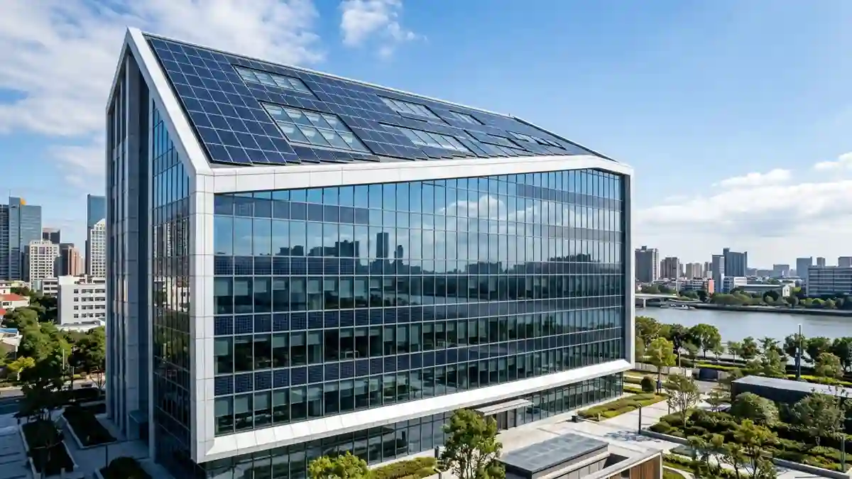 BIPV solar panels integrated into the roof and glass façade of a modern commercial building.