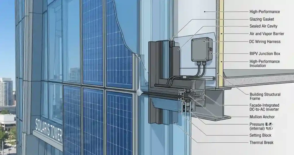 Cutaway of a BIPV structural glazing curtain wall system.