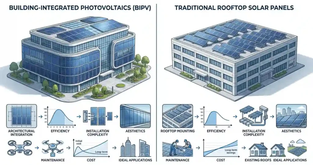 Comparison between BIPV solar panels and traditional rooftop solar panels showing installation, appearance, efficiency, and applications.
