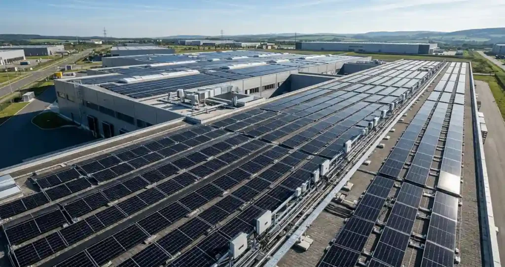 Commercial rooftop installation featuring modern half-cut monocrystalline solar panels on a warehouse building.
