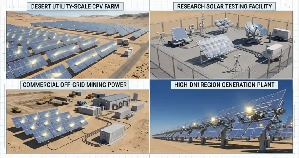 CPV solar panels used in utility-scale solar power plants located in high-sunlight desert regions.