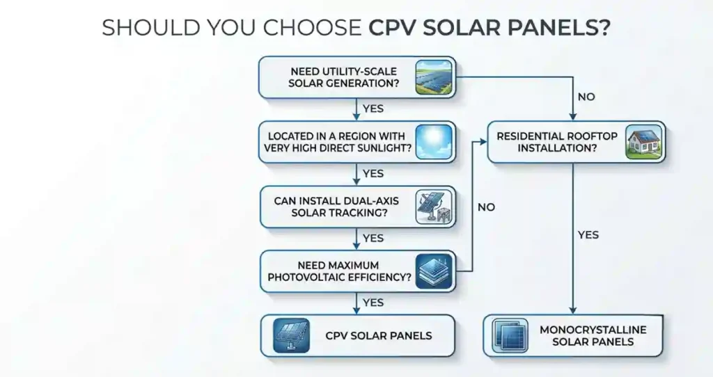 Engineering decision flowchart showing when CPV solar panels are the right choice for a solar energy project.