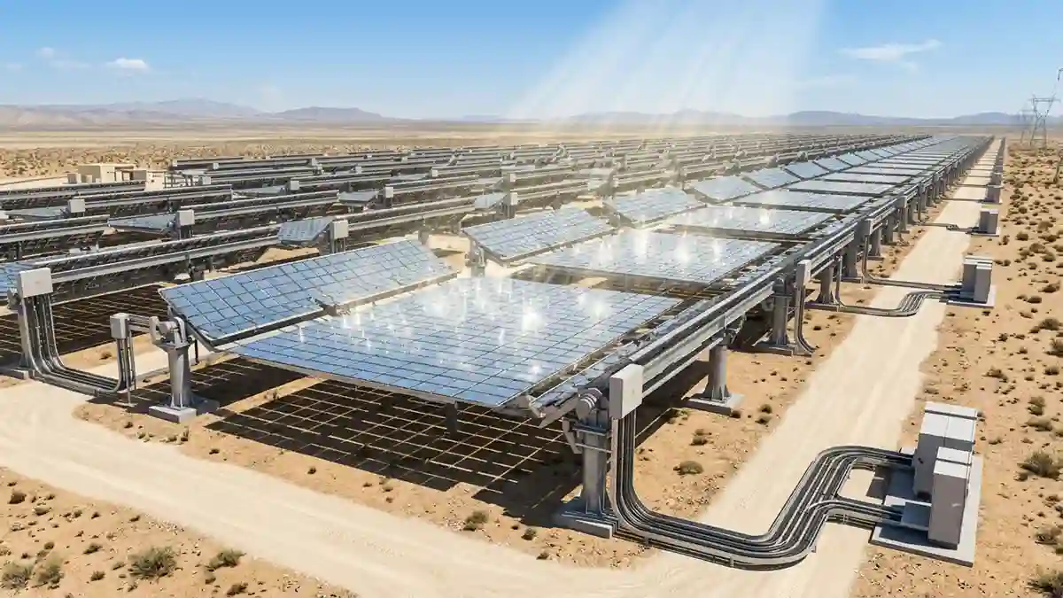 CPV solar panels installed in a utility-scale solar farm using dual-axis tracking and concentrated photovoltaic technology.
