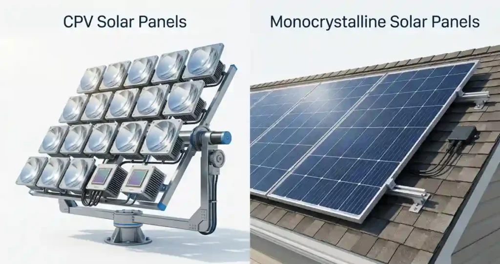 Visual comparison between CPV solar panels and monocrystalline solar panels showing their different designs and installation methods.