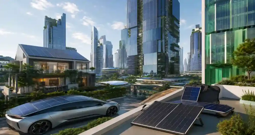 Illustration showing future applications of Perovskite solar panels in buildings, vehicles, and portable electronics.