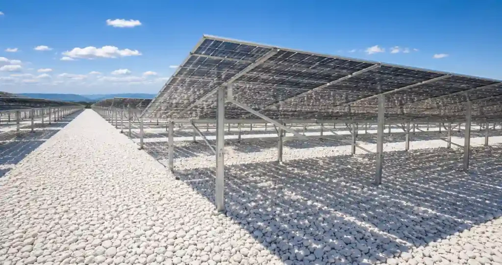 Large utility-scale bifacial solar farm using elevated glass-glass solar panels over reflective ground.