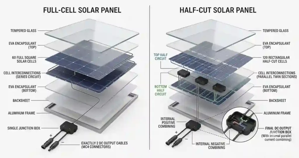 Exploded engineering comparison of half-cut vs full-cell solar panels showing tempered glass, encapsulant, solar cells, backsheet, frame, and junction box.