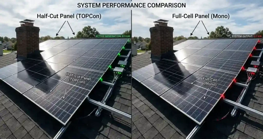 Comparison showing better partial shading performance of half-cut solar panels compared with traditional full-cell modules.