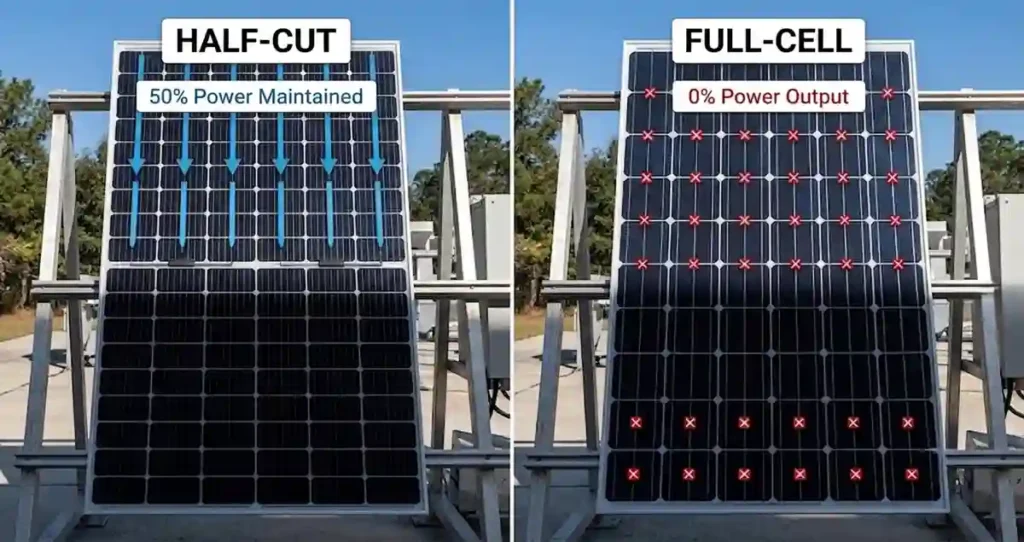 Half-cut vs full-cell solar panels comparison showing better partial shading performance of half-cut photovoltaic modules.